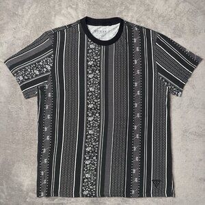 Guess T-Shirt Men's L Black White Floral Vertical Stripe Dark Luxury Urban Retro